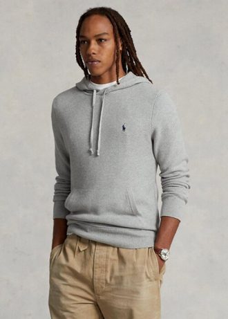 Pulovere gri pentru bărbați, din bumbac texturat, cu glugă, Ralph Lauren