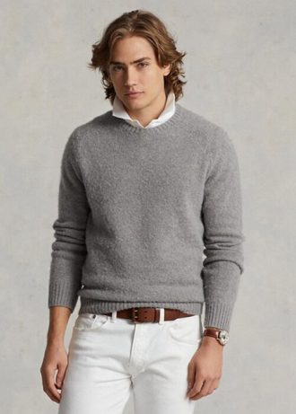 Pulovere gri pentru bărbați Ralph Lauren, din lână, cu plasture de piele intoarsă, cu gât crew