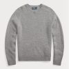 Pulovere gri pentru bărbați Ralph Lauren, din lână, cu plasture de piele intoarsă, cu gât crew Pulovere gri pentru bărbați Ralph Lauren, din lână, cu plasture de piele intoarsă, cu gât crew