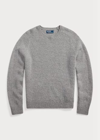 Pulovere gri pentru bărbați Ralph Lauren, din lână, cu plasture de piele intoarsă, cu gât crew