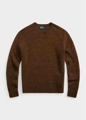 Pulovere maro pentru bărbați, Ralph Lauren, din lână, cu plasture din piele intoarsa, cu gât crew Pulovere maro pentru bărbați, Ralph Lauren, din lână, cu plasture din piele intoarsa, cu gât crew