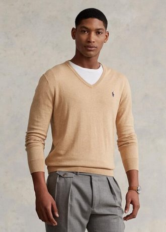 Pulovere maro pentru bărbați Ralph Lauren, slim fit, din bumbac texturat Pulovere maro pentru bărbați Ralph Lauren, slim fit, din bumbac texturat