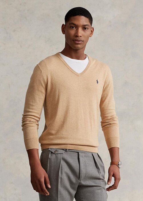 Pulovere maro pentru bărbați Ralph Lauren, slim fit, din bumbac texturat Pulovere maro pentru bărbați Ralph Lauren, slim fit, din bumbac texturat