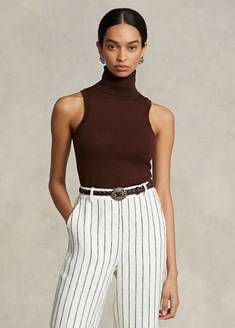 Pulovere maro Ralph Lauren din lână, fără mâneci, cu guler rotit Pulovere maro Ralph Lauren din lână, fără mâneci, cu guler rotit