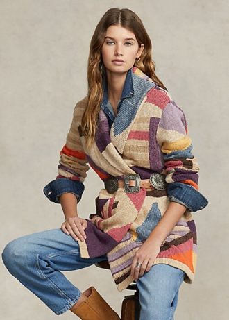 Pulovere multicolore pentru damă Ralph Lauren, cu șal geo-motiv, din amestec de in