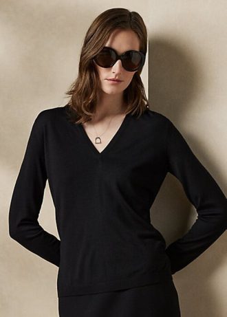 Pulovere negre Ralph Lauren de lână, cu mânecă lungă, cu decolteu în V