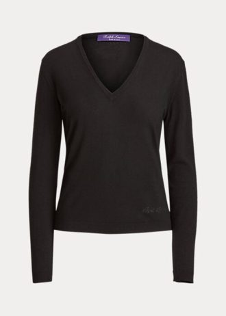 Pulovere negre Ralph Lauren de lână, cu mânecă lungă, cu decolteu în V