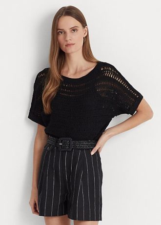 Pulovere negre Ralph Lauren din bumbac cu mânecă scurtă din plasă