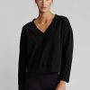 Pulovere negre Ralph Lauren Jersey, cu decolteu în V, pentru femei