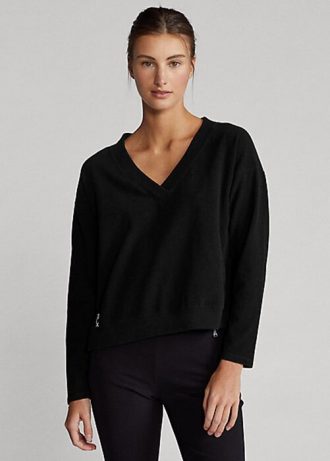 Pulovere negre Ralph Lauren Jersey, cu decolteu în V, pentru femei