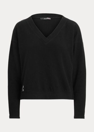 Pulovere negre Ralph Lauren Jersey, cu decolteu în V, pentru femei