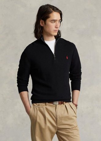 Pulovere negru pentru bărbați, din bumbac, din tricot plasă, cu fermoar sfert, Ralph Lauren Pulovere negru pentru bărbați, din bumbac, din tricot plasă, cu fermoar sfert, Ralph Lauren