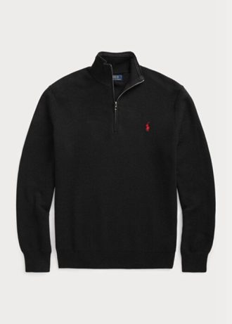 Pulovere negru pentru bărbați, din bumbac, din tricot plasă, cu fermoar sfert, Ralph Lauren Pulovere negru pentru bărbați, din bumbac, din tricot plasă, cu fermoar sfert, Ralph Lauren