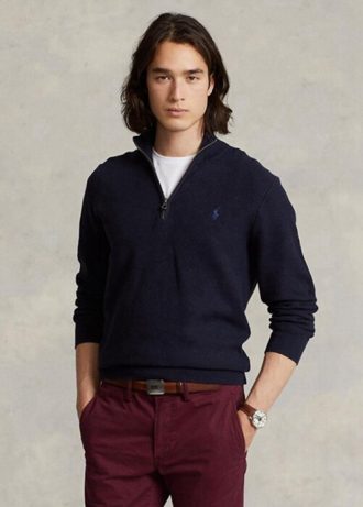 Pulovere pentru bărbați, din bumbac, din tricot plasă Ralph Lauren, cu fermoar sfert Pulovere pentru bărbați, din bumbac, din tricot plasă Ralph Lauren, cu fermoar sfert