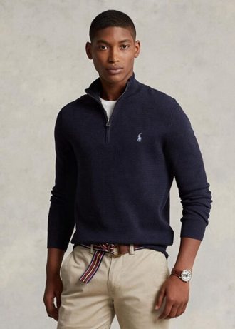 Pulovere Ralph Lauren pentru bărbați, din bumbac texturat, cu fermoar sfert Pulovere Ralph Lauren pentru bărbați, din bumbac texturat, cu fermoar sfert