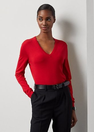 Pulovere roșii din lână Ralph Lauren, cu decolteu în V, cu mâneci lungi