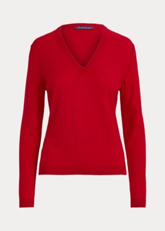 Pulovere roșii din lână Ralph Lauren, cu decolteu în V, cu mâneci lungi