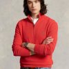 Pulovere roșii pentru bărbați, din bumbac, din tricot plasă, cu fermoar sfert, Ralph Lauren
