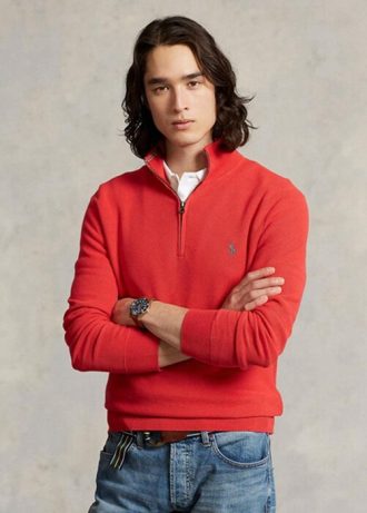 Pulovere roșii pentru bărbați, din bumbac, din tricot plasă, cu fermoar sfert, Ralph Lauren Pulovere roșii pentru bărbați, din bumbac, din tricot plasă, cu fermoar sfert, Ralph Lauren