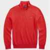 Pulovere roșii pentru bărbați, din bumbac, din tricot plasă, cu fermoar sfert, Ralph Lauren