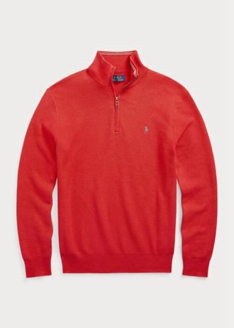 Pulovere roșii pentru bărbați, din bumbac, din tricot plasă, cu fermoar sfert, Ralph Lauren Pulovere roșii pentru bărbați, din bumbac, din tricot plasă, cu fermoar sfert, Ralph Lauren