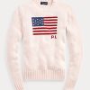 Pulovere roz din bumbac Ralph Lauren Pink Pony Flag pentru femei Pulovere roz din bumbac Ralph Lauren Pink Pony Flag pentru femei