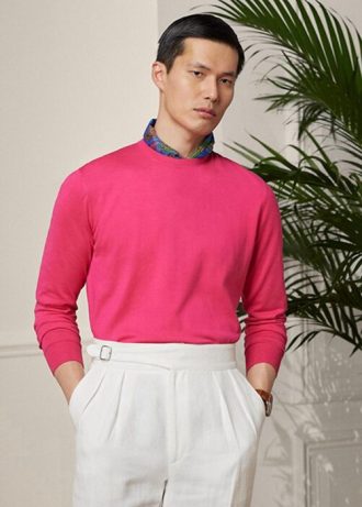 Pulovere roz pentru bărbați Ralph Lauren, din bumbac, cu decolteu rotund Pulovere roz pentru bărbați Ralph Lauren, din bumbac, cu decolteu rotund