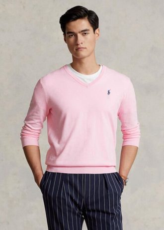 Pulovere roz pentru bărbați Ralph Lauren, slim fit, din bumbac texturat Pulovere roz pentru bărbați Ralph Lauren, slim fit, din bumbac texturat