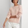 Pulovere roz pentru femei Ralph Lauren Aran-tricot din bumbac cu gât barca Pulovere roz pentru femei Ralph Lauren Aran-tricot din bumbac cu gât barca