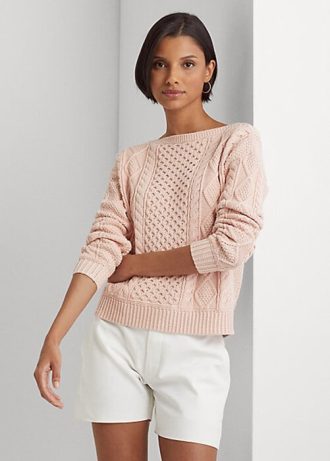 Pulovere roz pentru femei Ralph Lauren Aran-tricot din bumbac cu gât barca Pulovere roz pentru femei Ralph Lauren Aran-tricot din bumbac cu gât barca