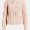 Pulovere roz pentru femei Ralph Lauren Aran-tricot din bumbac cu gât barca Pulovere roz pentru femei Ralph Lauren Aran-tricot din bumbac cu gât barca