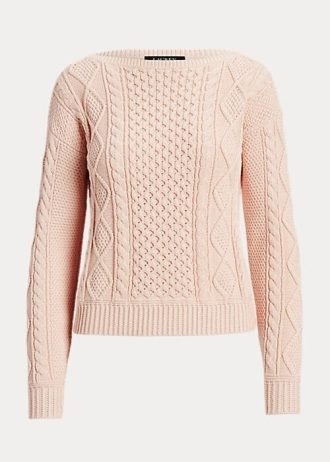 Pulovere roz pentru femei Ralph Lauren Aran-tricot din bumbac cu gât barca Pulovere roz pentru femei Ralph Lauren Aran-tricot din bumbac cu gât barca