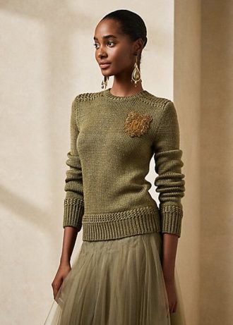 Pulovere verzi pentru femei Ralph Lauren, în amestec de mătase, cu gât crew Pulovere verzi pentru femei Ralph Lauren, în amestec de mătase, cu gât crew