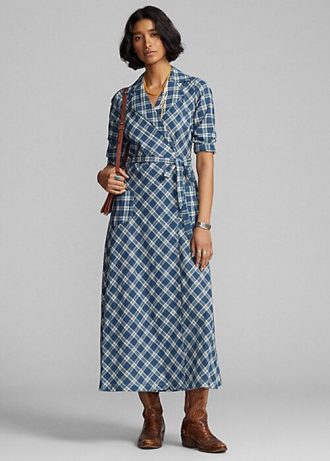 Rochie de damă albastră Ralph Lauren în carouri din voile de bumbac Rochie de damă albastră Ralph Lauren în carouri din voile de bumbac