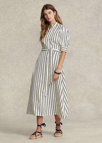 Rochie de damă crem/negru Ralph Lauren cu dungi din mătase dud Rochie de damă crem/negru Ralph Lauren cu dungi din mătase dud
