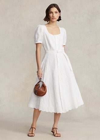 Rochie de in alb pentru femei Ralph Lauren cu broderie cu ochi Rochie de in alb pentru femei Ralph Lauren cu broderie cu ochi