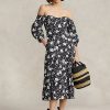 Rochie de in negru/crem pentru femei Ralph Lauren, florală, fără umăr Rochie de in negru/crem pentru femei Ralph Lauren, florală, fără umăr