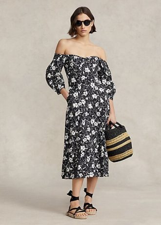 Rochie de in negru/crem pentru femei Ralph Lauren, florală, fără umăr Rochie de in negru/crem pentru femei Ralph Lauren, florală, fără umăr