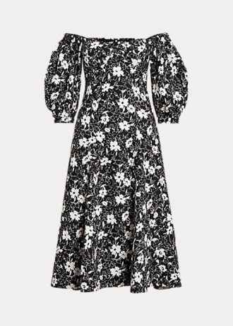 Rochie de in negru/crem pentru femei Ralph Lauren, florală, fără umăr Rochie de in negru/crem pentru femei Ralph Lauren, florală, fără umăr