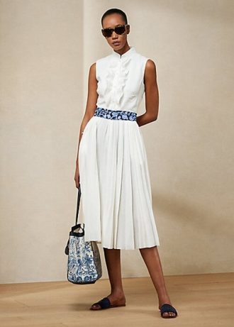 Rochie de zi fără mâneci din in pliat Ralph Lauren Roald de damă albă Rochie de zi fără mâneci din in pliat Ralph Lauren Roald de damă albă