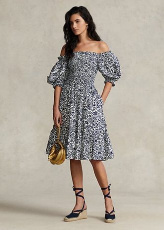 Rochie din bumbac cu mâneci bluzon Floral pentru femei Ralph Lauren Rochie din bumbac cu mâneci bluzon Floral pentru femei Ralph Lauren
