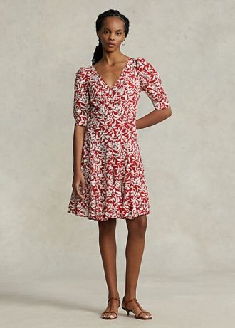 Rochie din crepon Godet, cu mâneci de oaie, Ralph Lauren, Flower Rochie din crepon Godet, cu mâneci de oaie, Ralph Lauren, Flower