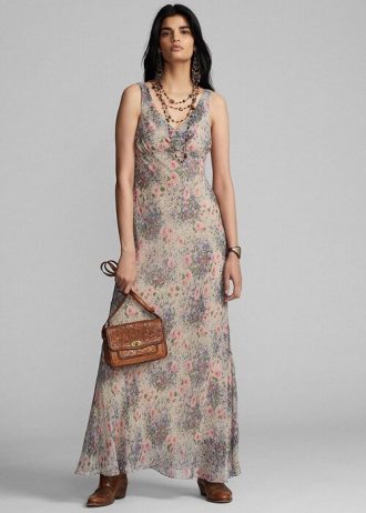 Rochie din șifon din mătase șifonată florală Ralph Lauren, multicoloră/maro