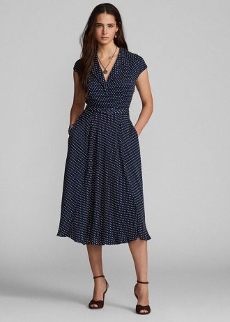 Rochie Georgette de mătase cu buline Ralph Lauren pentru femei bleumarin/crem