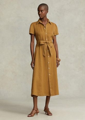 Rochie maro pentru femei Ralph Lauren, cu curea din in, rochie cu mâneci scurte