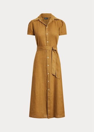 Rochie maro pentru femei Ralph Lauren, cu curea din in, rochie cu mâneci scurte