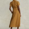 Rochie maro pentru femei Ralph Lauren, cu curea din in, rochie cu mâneci scurte