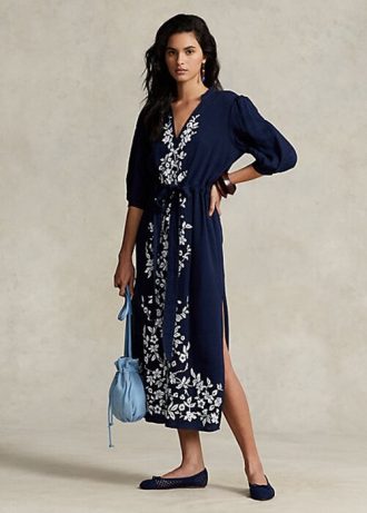 Rochie maxirochie din tifon cu broderie florală Ralph Lauren pentru femei bleumarin