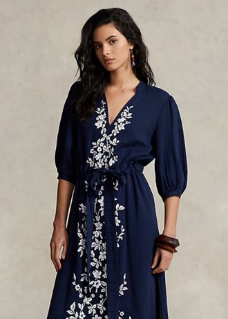 Rochie maxirochie din tifon cu broderie florală Ralph Lauren pentru femei bleumarin