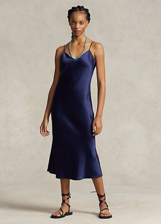 Rochie midi din mătase de duș Ralph Lauren pentru femei bleumarin